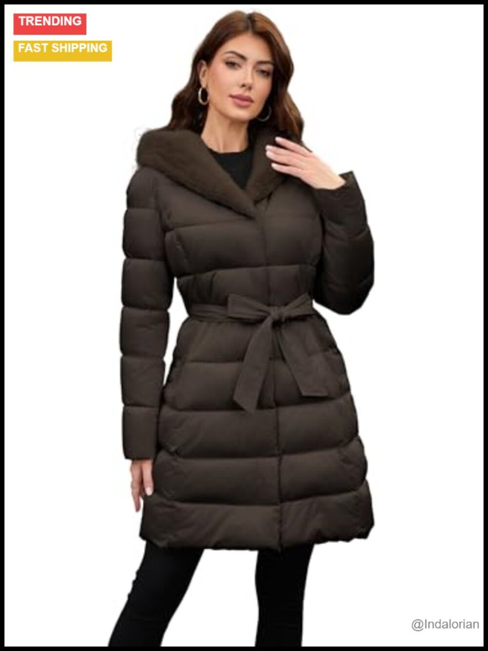 Women's Long Puffer Coat Belt Hood Furry Lined Knee Length Winter Jacket